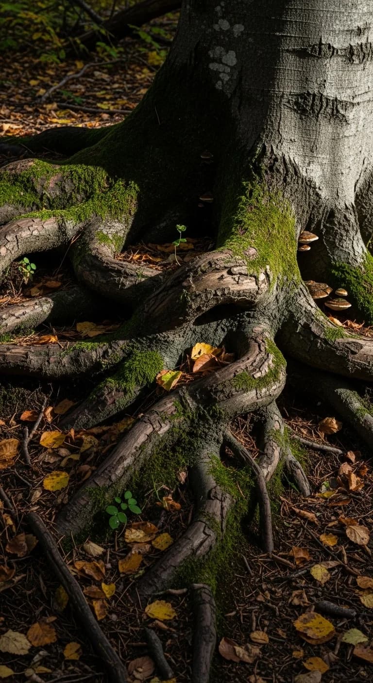Mossy tree roots gripping the forest floor — strong foundations