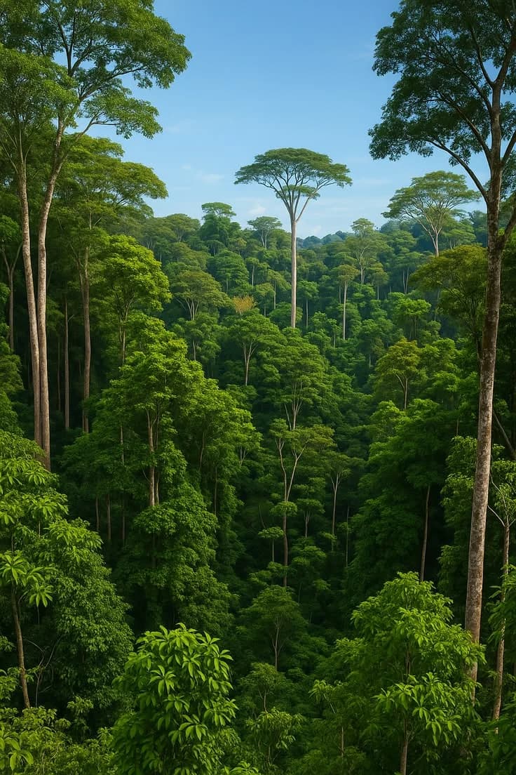 Tall rainforest canopy reaching toward a clear sky — Our Mission