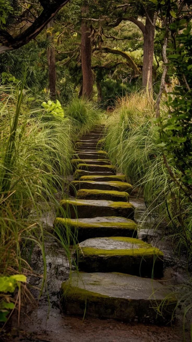 Mossy stepping stones through a forest — the path through the Evermore Discovery Experience